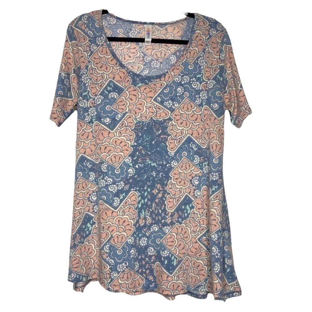 Lularoe Perfect T Pink, Blue & Ivory Floral Scoop Neck Short Sleeve Top - Size S